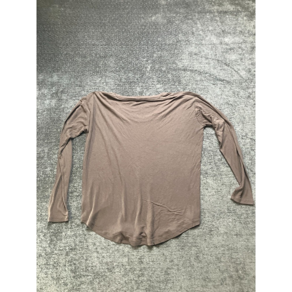 Athleta Rib Knit Shirt Womens Small Brown Modal Stretch Round Neck Curved Hem